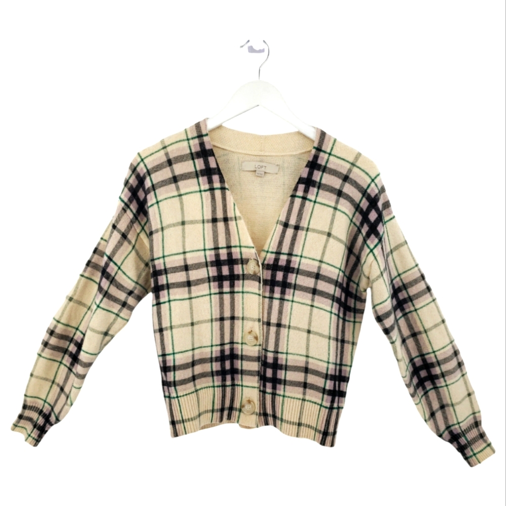 LOFT Plaid 3 Button Cardigan Size XXS Cream Green Purple